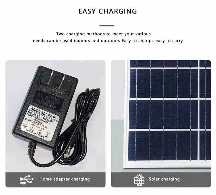 Two ways to charge: home adapter and solar